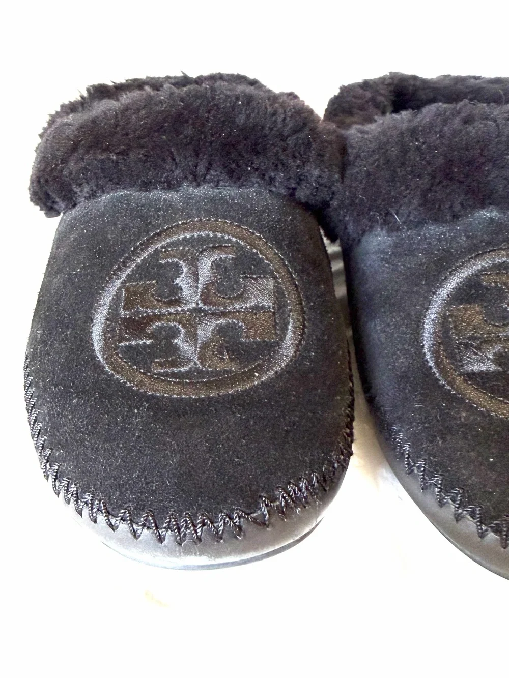 TORY BURCH Black Logo Coley Shearling Slippers Size 8
